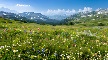 A captivating landscape photograph of a tranquil alpine meadow during summer, where vibrant flora flourishes under bright sunlight.