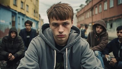 Wall Mural - Troubled teen boy young man serious face on a street