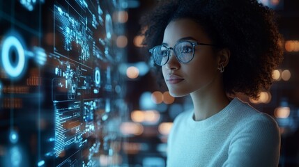 woman looking at a digital interface.