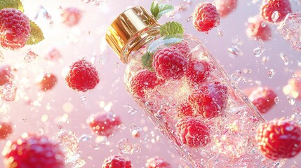 Sticker -   A glass bottle with raspberries floating atop bubble-filled pink liquid and green leaves