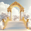 © 沈军 贡 - 3D golden Baroque arch with stairs leading to heaven on a white background with clouds