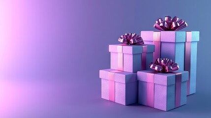 Canvas Print -   A gift box with purple and blue exterior on a matching background featuring a pink bow on top of one of them