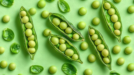 Canvas Print -   Peas and pea pods on a green surface with green leaves and water droplets on top