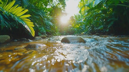 Sticker -   A river meanders through a dense forest, adorned with verdant foliage and rocky terrain, bathed in sunlight filtering through the treetops