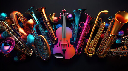 A colorful music band of musical instruments on a black background