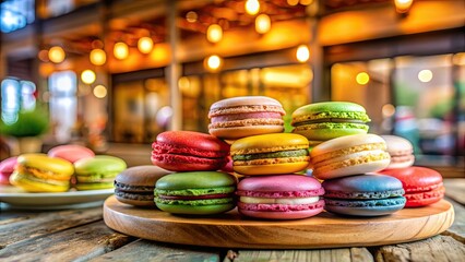 Wall Mural - Colorful macaroon dessert displayed in a cozy cafe setting, macaroon, dessert, colorful, sweet, pastry, French, bakery, cafe