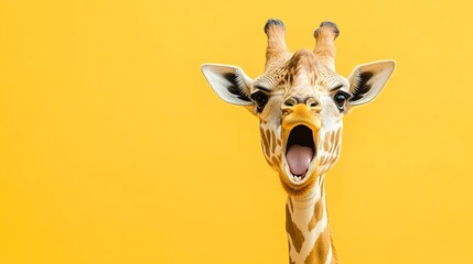 Wall Mural - amazed surprised giraffe pet with a curious face with open mouth at on yellow background. website ba