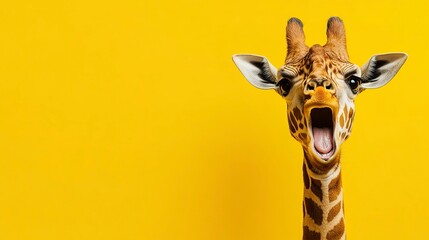 Wall Mural - amazed surprised giraffe pet with a curious face with open mouth at on yellow background. website ba