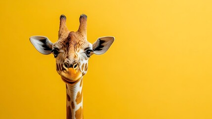 Wall Mural - A happy giraffe smiling on plain yellow studio background. Copy space for text. Fun Party Card Invite concept.