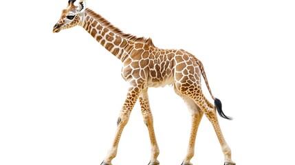 Adorable baby giraffe with long legs and neck isolated on white background