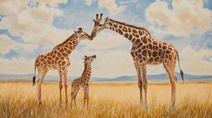 Wall Mural - Mother and puppy giraffes love and protection in the savannah