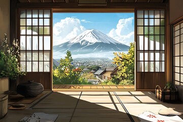 Illustration of the nuances outside the window with beautiful scenery in Japan.