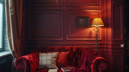 Wall Mural - A cozy reading nook with embossed wall panels in a rich burgundy color creating a warm and inviting atmosphere perfect for curling up with a good book.