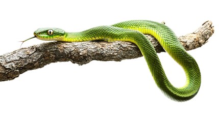 Wall Mural - green snake on a tree isolated on white background