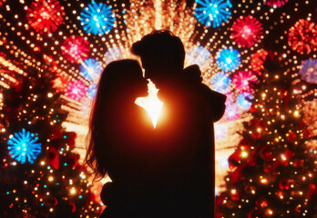 A romantic silhouette of a couple sharing a tender moment, framed against the vibrant backdrop of twinkling holiday lights