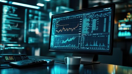 A computer monitor shows graphs and data. This image is perfect for depicting data analysis, financial markets, and technology.