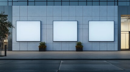 Wall Mural - Three white signs are on a building. The building is next to a sidewalk