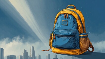 Adventure-ready backpack against a cityscape with a blue sky.