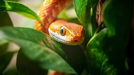 Sticker - orange corn snake at home enclosure with green leaves closeup, exotic reptile vet ad