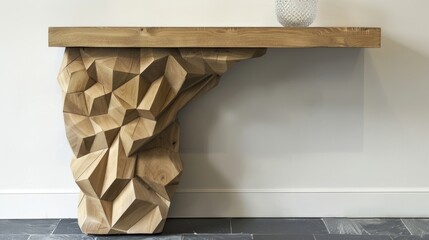 Wall Mural - A minimalist console table with a bold geometric design carved into the natural wood