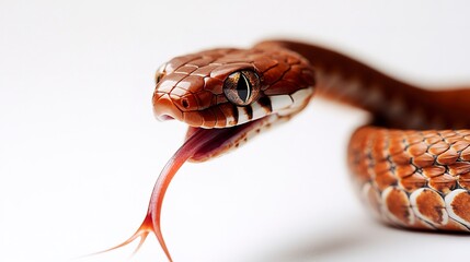 Wall Mural - Brown tree snake extends its tongue as it slithers against a white backdrop