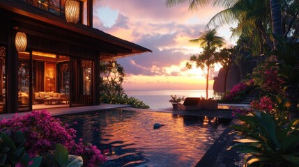 A luxurious tropical villa with an open living room, surrounded by a vibrant garden and a shimmering swimming pool at sunset. The sky glows softly.