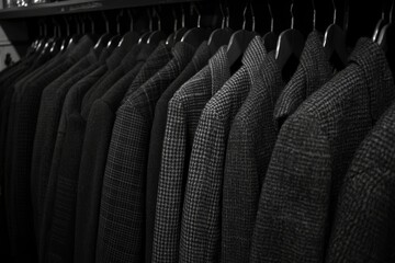 Wall Mural - Row of black suits hanging on a clothing rack in a dimly lit space highlighting the classic refined and timeless appeal of mens formalwear in an elegant understated setting