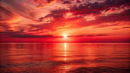 Wall Mural - Red sunset over the ocean with a red sky and the sun setting, red, sunset, ocean, sky, sun, evening, dusk, horizon, scenic