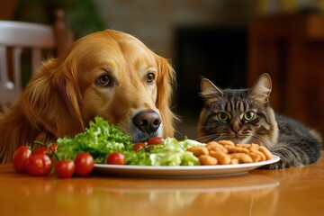 A dog and a cat look at a plate of food. This photo is perfect for illustrating articles about pet nutrition or comparing animal diets.