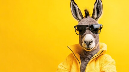 Wall Mural - Stylish donkey sporting sunglasses and jacket on yellow background, Cool donkey in shades and jacket against yellow backdrop