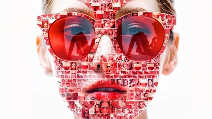 Wall Mural - A woman with sunglasses and a face made of pictures. AI.