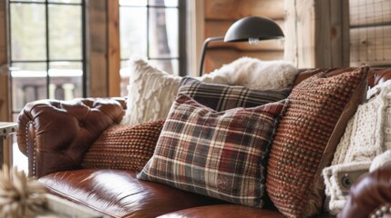 Wall Mural - A cozy cabininspired living room featuring a distressed leather sofa topped with a mix of rugged textured accent pillows in plaid lodge prints and thick knits.