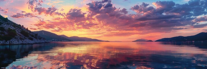 Canvas Print - Sunset over a calm sea with orange and purple clouds, featuring silhouetted mountains.