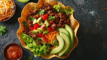 Wall Mural - Top view of a taco bowl salad with seasoned ground beef, lettuce, tomatoes, avocado, and cheese, served in a crispy tortilla shell.