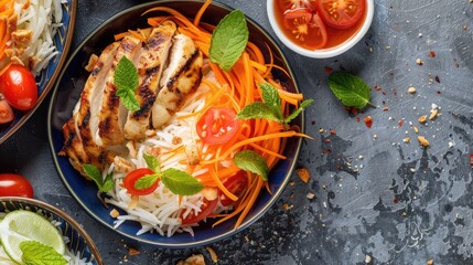 Wall Mural - Top view of a tangy papaya salad with shredded carrots and tomatoes, served with grilled chicken and sticky rice.