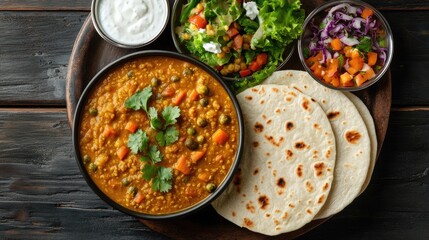 Wall Mural - Top view of a traditional Indian lunch with dal, roti, mixed vegetable curry, and a side of salad and yogurt