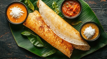 Top view of a traditional South Indian dosa served with coconut chutney, tomato chutney, and sambar on a banana leaf