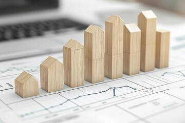 Wooden blocks arranged in the shape of a rising bar graph symbolizing business growth progress and the visualization of financial data in a simple clean design