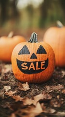 Halloween Jack O Lanterns with a bold sale message surrounded by autumn leaves and pumpkins