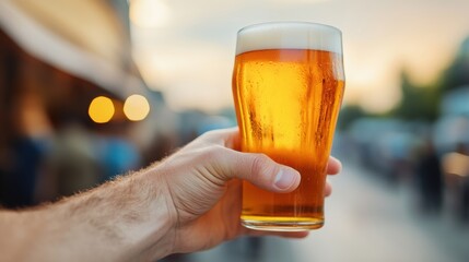 Wall Mural - A hand lifts a chilled pint of beer against a backdrop of warm evening light