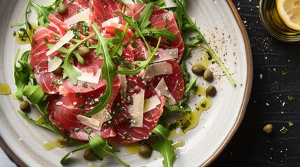 Wall Mural - Top view of a tuna carpaccio with arugula, capers, and shaved Parmesan, drizzled with olive oil and lemon juice.