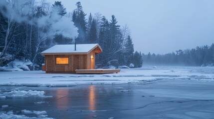 An outdoor sauna overlooking a frozen river offers a unique retreat experience as guests alternate between steamy heat and a dip in the frigid waters below.