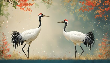 Two elegant red-crowned cranes play in a natural background, dotted with autumn flowers.