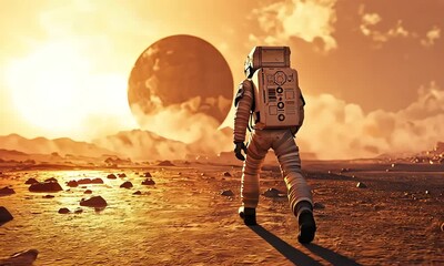 Wall Mural - Astronaut Exploring Alien Planet at Sunset with ai generated.
