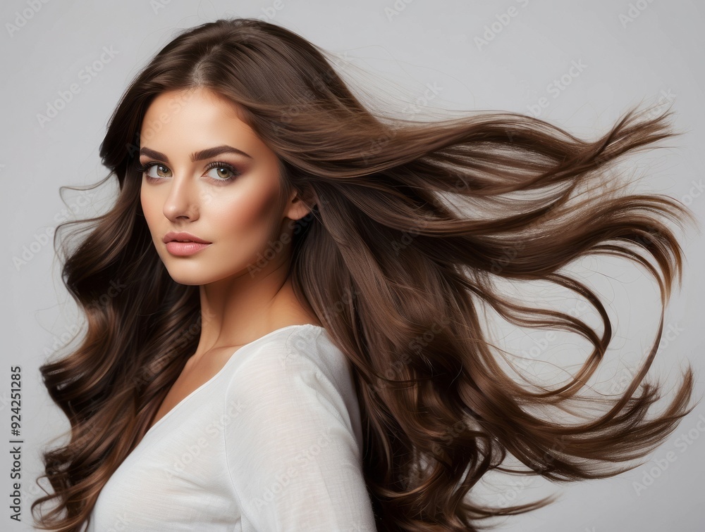 Woman with Long Brown Hair Flowing in the Wind Stock Photo | Adobe Stock