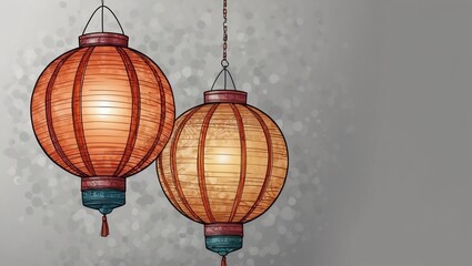 Two orange hanging lanterns against a grey background with bokeh effect.