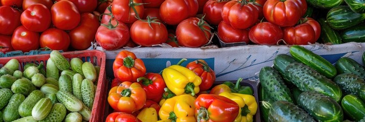 Wall Mural - Vibrant market display featuring fresh tomatoes, peppers, and cucumbers in a basket.