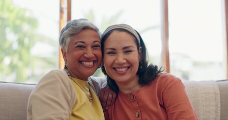 Poster - Love, mother and daughter on sofa with smile, bonding and relax in living room of home with happiness. Family, woman and girl child on couch with relationship, embrace and happy in lounge of house