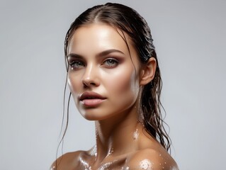 Wall Mural - Portrait of a Woman with Wet Hair and Glowing Skin