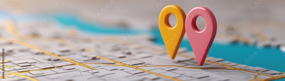 colorful map markers on a detailed map, representing navigation and ...